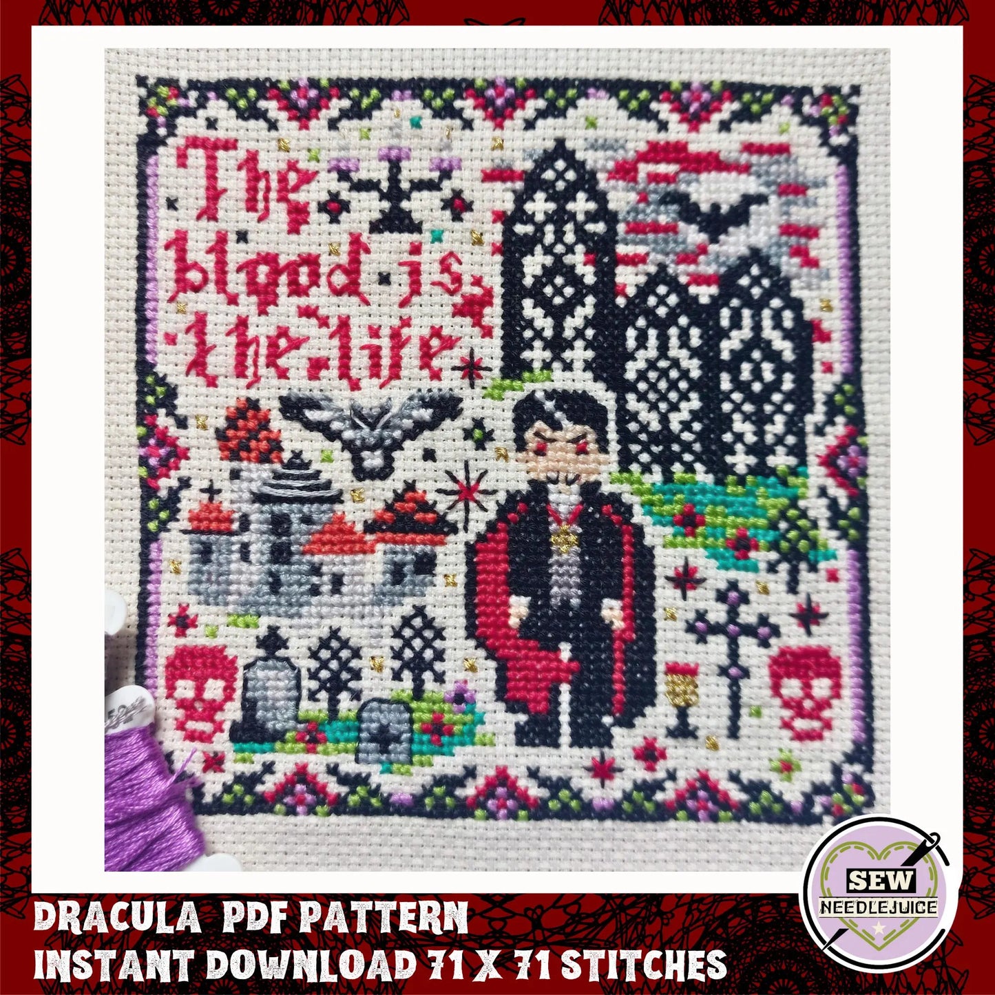 Dracula, Horror, Gothic, Vampire, Halloween Cross Stitch Pattern PDF Download