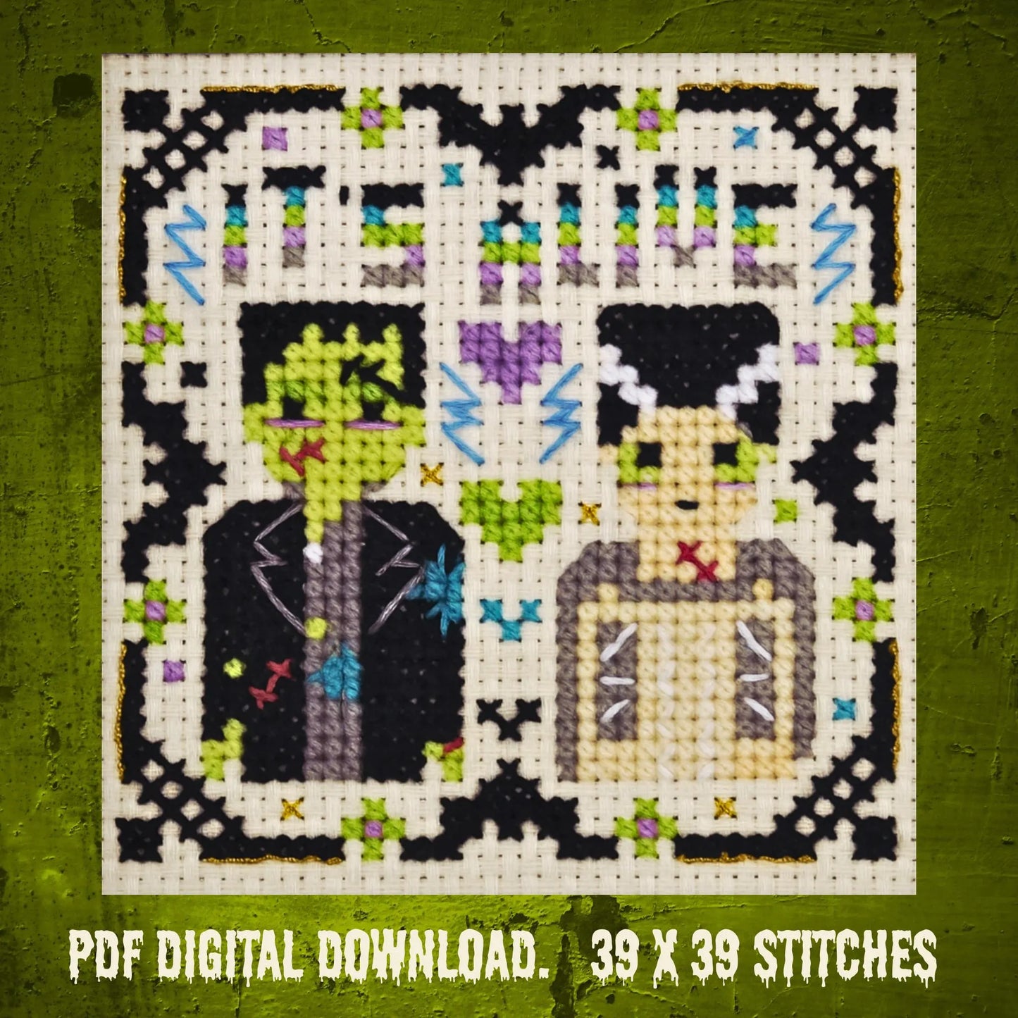 It's Alive! Frankenstein's Monster with Bride, Halloween Cross Stitch Pattern PDF Download