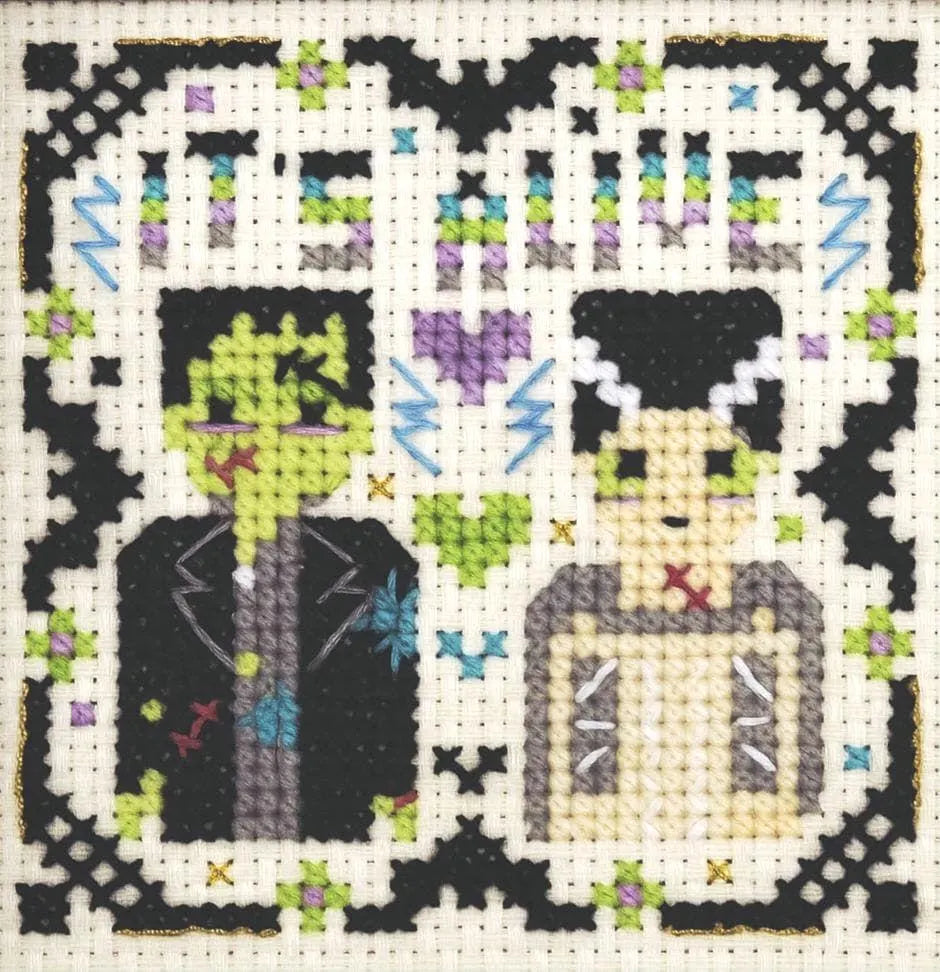 It's Alive! Frankenstein's Monster with Bride, Halloween Cross Stitch Pattern PDF Download